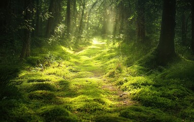 Obraz premium Dreamy forest path covered in soft moss and sunlight