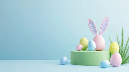 happy easter banner with rabbit and eggs, pastel green background. cute bunny, grass and colorful eggs on pastel background. background with podium for product presentation on Easter day
