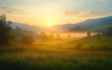 Dreamy sunrise over a foggy summer valley