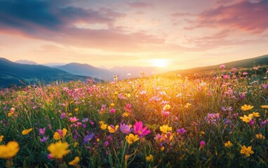 Fototapeta premium Dreamy sunset over a blooming meadow filled with colors