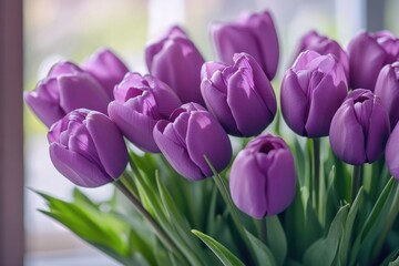 A bouquet of purple tulips arranged in a decorative vase, suitable for home decor or event decoration