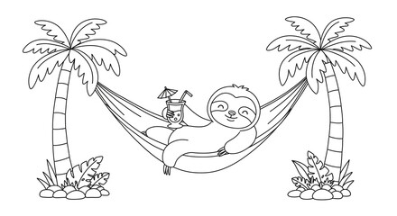 Black and white smiling sloth in hammock coloring page, standard print size