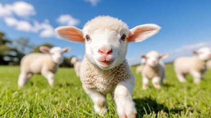Obraz premium Group of baby lambs joyfully playing in a sunny green field during springtime