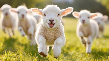Fototapeta premium Baby lambs playfully frolicking in a sunny green field on a bright day