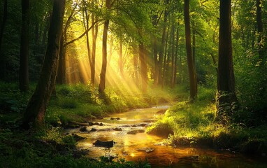 Obraz premium Enchanting forest glade bathed in golden sunlight