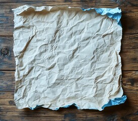 Obraz premium Crumpled Vintage Paper Sheet with Torn Edges Resting on Rustic Wooden Table Background Ideal for Texture or Background in Creative Projects