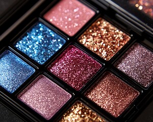 Fototapeta premium Close-up eye shadow palette, colorful glittery makeup