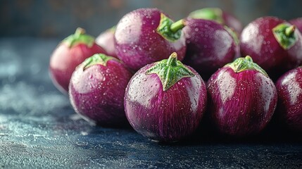Close-up of Fresh, Juicy Purple Eggplants with Water Droplets