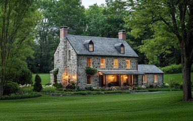 Idyllic farmhouse surrounded by fresh spring greenery