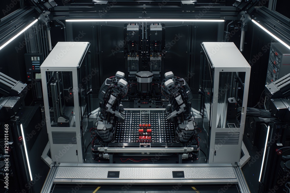 Poster futuristic high-tech laboratory with robotic arms assembling microchips on advanced production line.