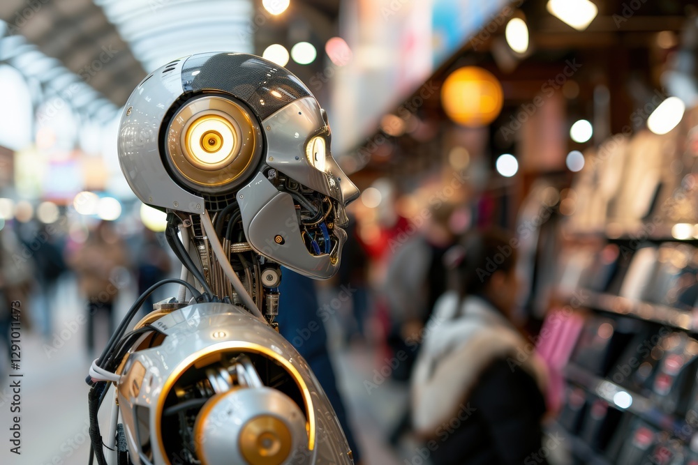 Poster advanced humanoid robot navigating crowded marketplace with glowing eyes and metallic design. artifi