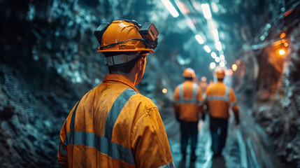 Mining Workers Navigating a Tunnel in a Well-Lit Underground Site