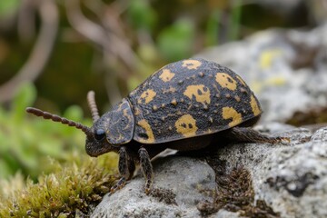 Obraz premium A small black and yellow insect sits on a rocky surface, possibly in a garden or outdoor setting