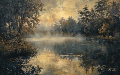 Fototapeta premium Misty morning over a tranquil lake with calm reflections