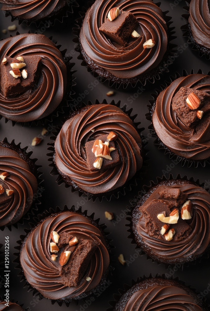 Poster delicious chocolate cupcakes with smooth chocolate frosting and nut toppings in a close-up view perf
