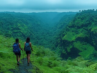 Obraz premium Images of young couples travelling along picturesque mountain trails with panoramic views of the ocean, lush greenery and rocky cliffs, symbolising outdoor adventures, relaxation, travel and nature ex