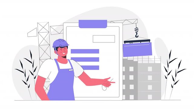 Flat scene animation illustrating the steps in obtaining a building industry license, including inspections, paperwork, and working with local authorities to comply with industry regulations.