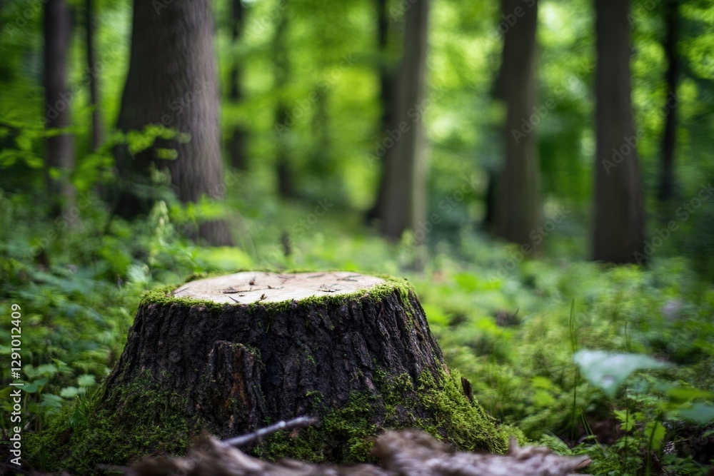 Poster a tree stump stands alone in a dense forest