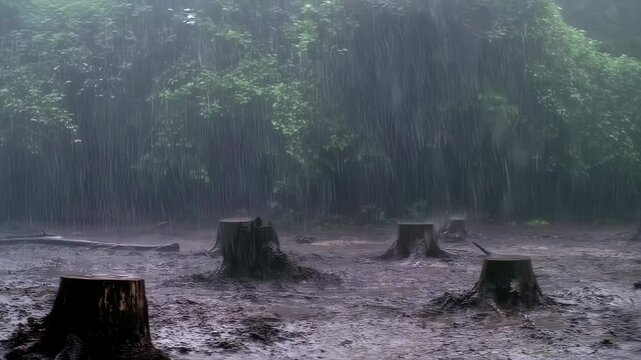 Rain falling on tree stumps in deforested area