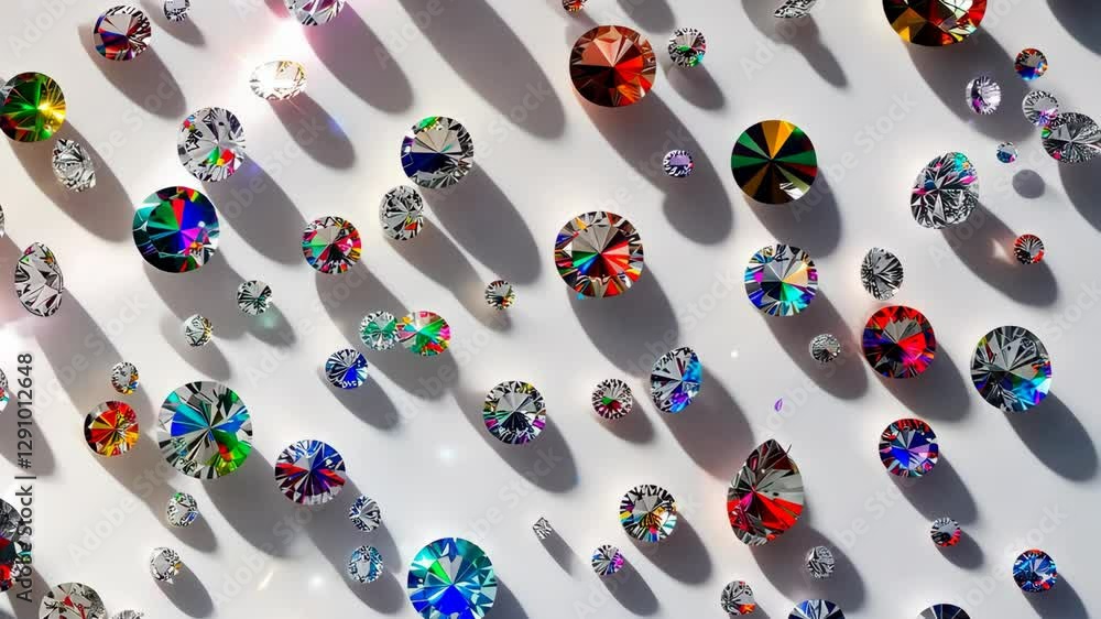 Poster brightly colored gemstones are scattered across a table, casting dazzling reflections and creating i