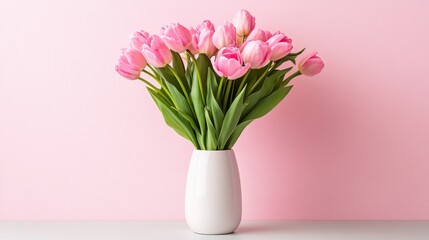 Elegant minimalist composition with fresh-cut pink tulips in a simple white vase against a soft pink backdrop