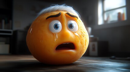 Sad orange character cries indoors, room background, animation.