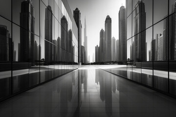 A sleek black and white photograph capturing the glass surface of towering skyscrapers in a district full of business centers