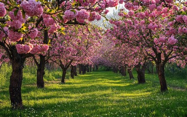 Naklejka premium Peaceful orchard with fruit trees in full bloom