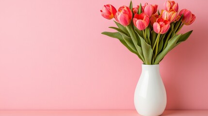 Minimalist flower arrangement with pink tulips in a white vase against a pastel background