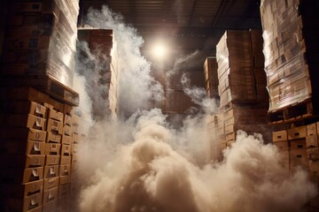Thick smoke filling warehouse with stacked boxes during fire safety drill. Industrial storage facility simulating emergency response ensuring workplace safety, risk management, hazard control.