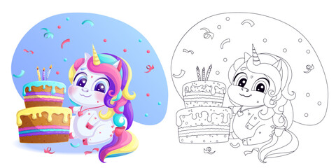 A cute unicorn is sitting next to a cake with candles. A page of a children's coloring book. A black outline on a white background. Vector isolated illustration with a colorful template.
