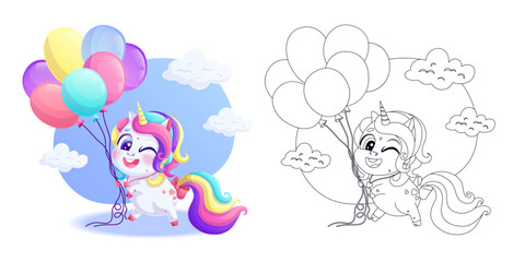 Cute unicorn with balloons. A page of a children's coloring book. A black outline on a white background. Vector isolated illustration with a colorful template. For coloring, printing, and design.