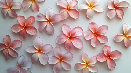 Obraz premium Flat lay of pink and orange plumeria flowers arranged on a white background.