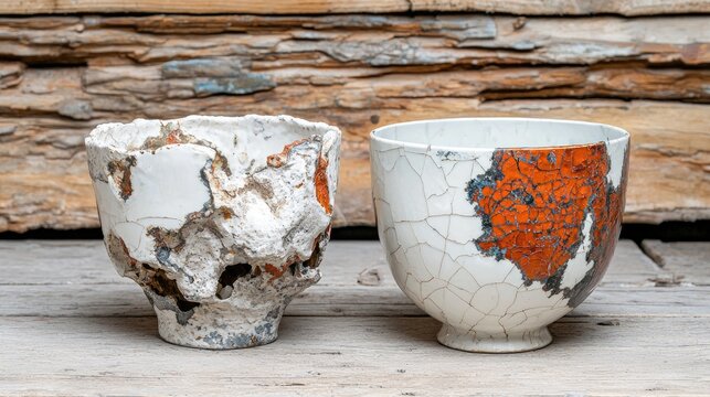 Two ceramic bowls, rustic background, studio setting, craft demonstration