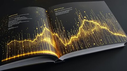 A visually striking open book displaying a golden data visualization on a dark background. - Powered by Adobe