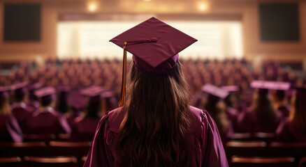 A girl wearing a graduation gown and cap stands at the back of a crowded auditorium, focusing on the stage ahead during her ceremony
