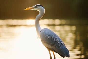 Fototapeta premium A large bird perched on the edge of calm waters, providing a serene scene