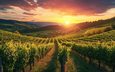 Naklejka premium Rolling vineyards glowing under a warm summer sunset