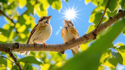 Pair of birds singing together on a tree branch under the bright sun on a clear day