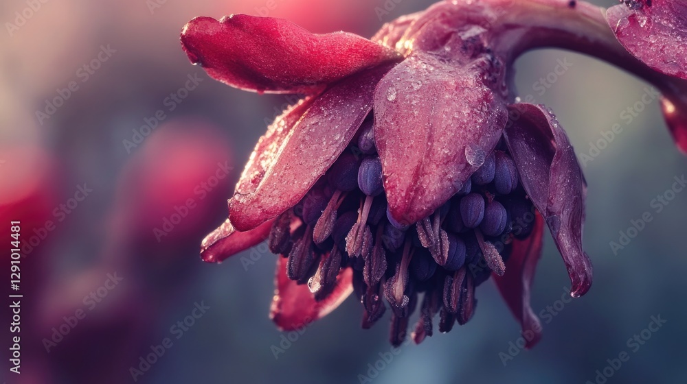 Poster a close-up shot of a flower with water droplets glistening on its petals, ideal for use in still lif