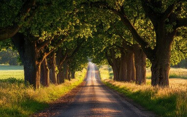 Fototapeta premium Serene countryside road lined with ancient oak trees