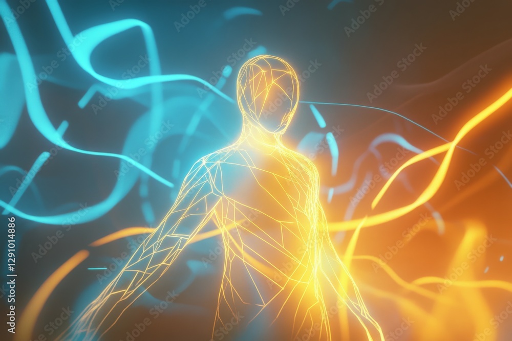 Poster a human-like figure is surrounded by swirling lines of blue and orange light, creating a dynamic atm