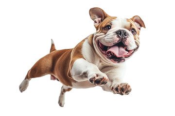 Obraz premium Bulldog joyfully jumping in mid-air, capturing the essence of playfulness and energy in a bright setting, cut out