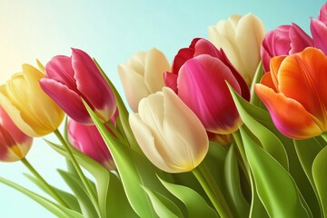 Obraz premium A bouquet of vibrant tulips displayed in a decorative vase, perfect for decorating a table or room