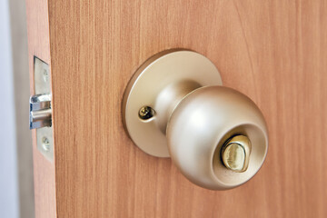 Door knob reveals round design with visible screws securing plate against wood door, showcasing...