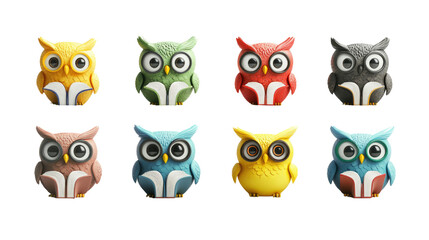 Fototapeta premium Colorful owl figurines in various shades arranged in a creative display for decoration or gift ideas in contemporary design, cut out