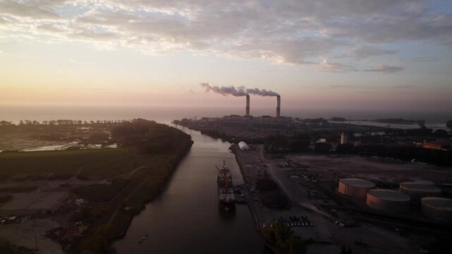 Dolly out drone shot of Monroe Power Plant at sunrise with River Raisin and Lake Erie in Monroe, Michigan, USA