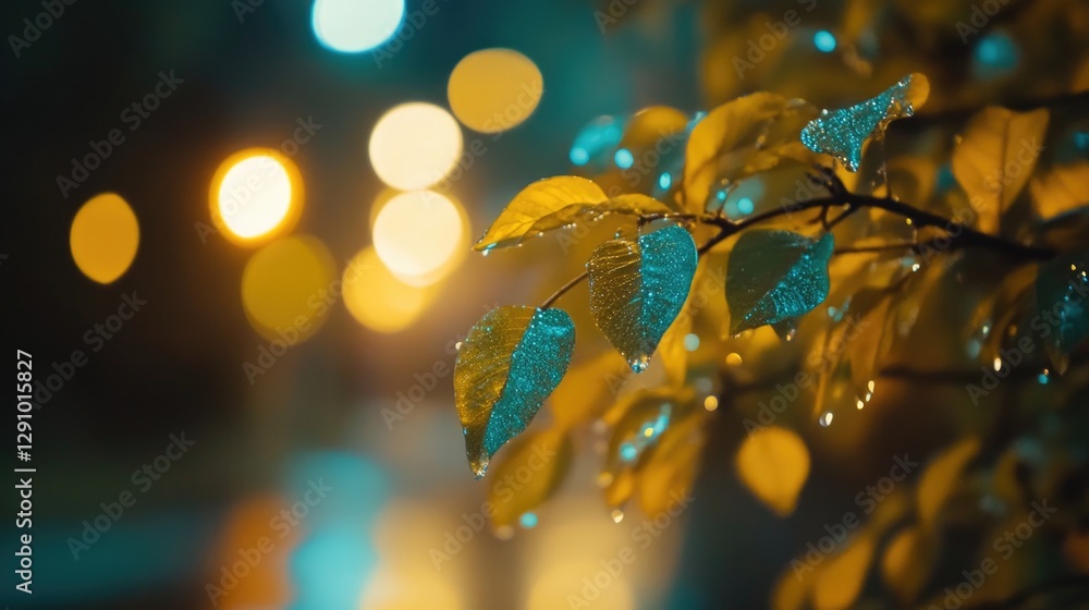 Poster close-up shot of a tree branch with tiny water droplets glistening in the sunlight