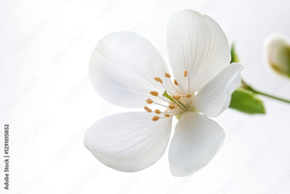Poster a close-up shot of a single white flower growing on its stem, with some background texture