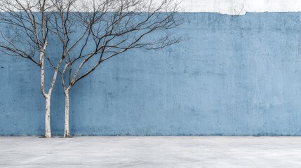 Two bare trees beside a light blue wall. Empty paved area. Suitable for background image